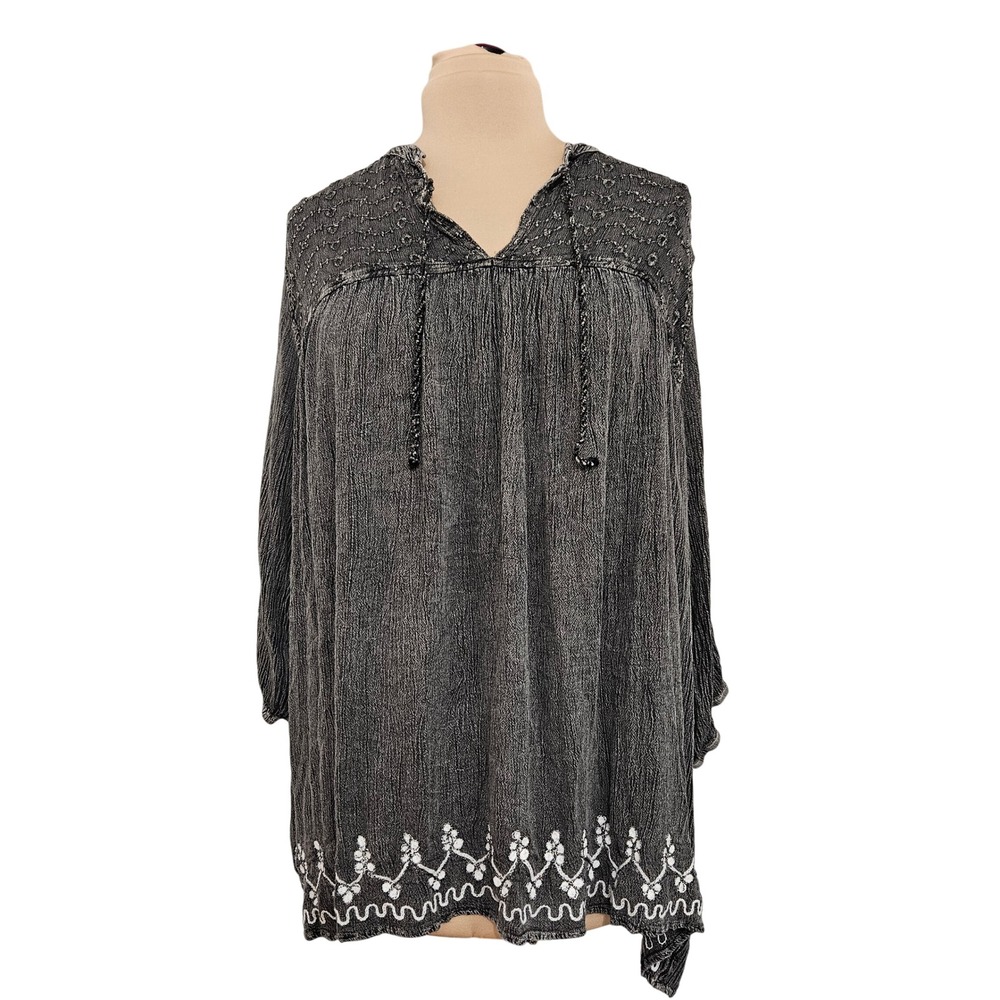 Shoreline Womens Plus Size 6XL Gray Acid Wash Embroidered Boho Peasant Tunic Top